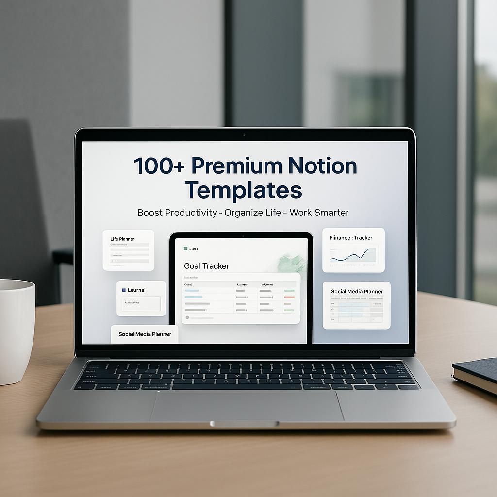 Laptop displaying a screen with '100+ Premium Notion Templates' on a desk.