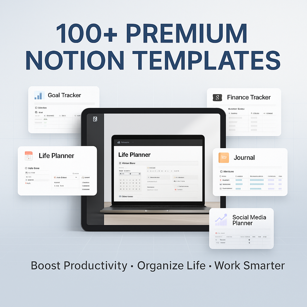 Promotional graphic for 100+ premium Notion templates with a tablet displaying a life planner and other templates on a light blue background.