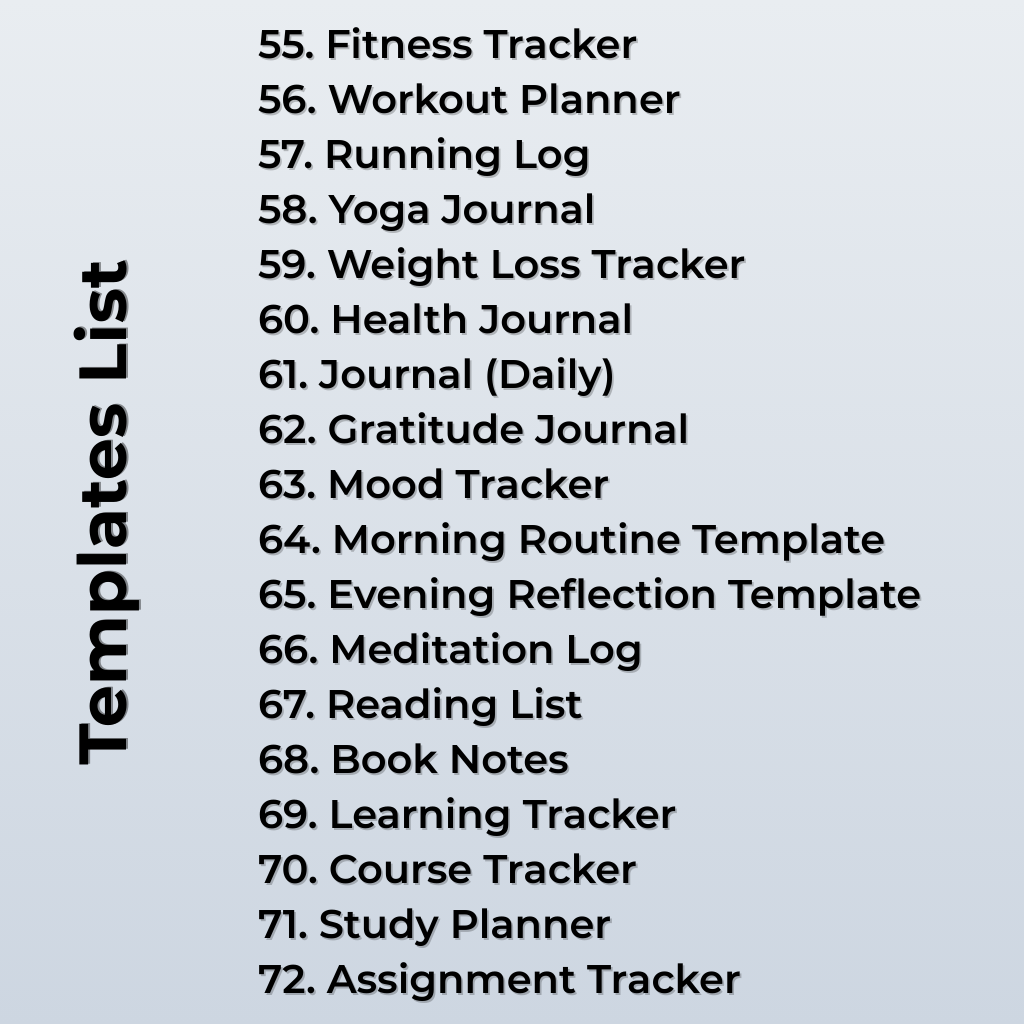List of templates for fitness, health, and lifestyle tracking on a light gray background.
