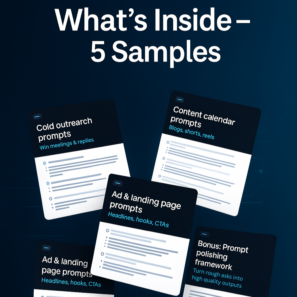 Prompts for cold outreach, content calendar, ad & landing page on a dark blue background