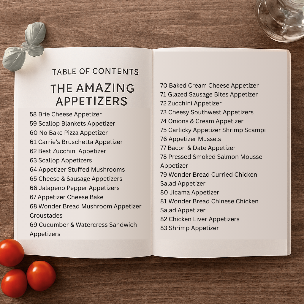 Open book displaying a table of contents for appetizers