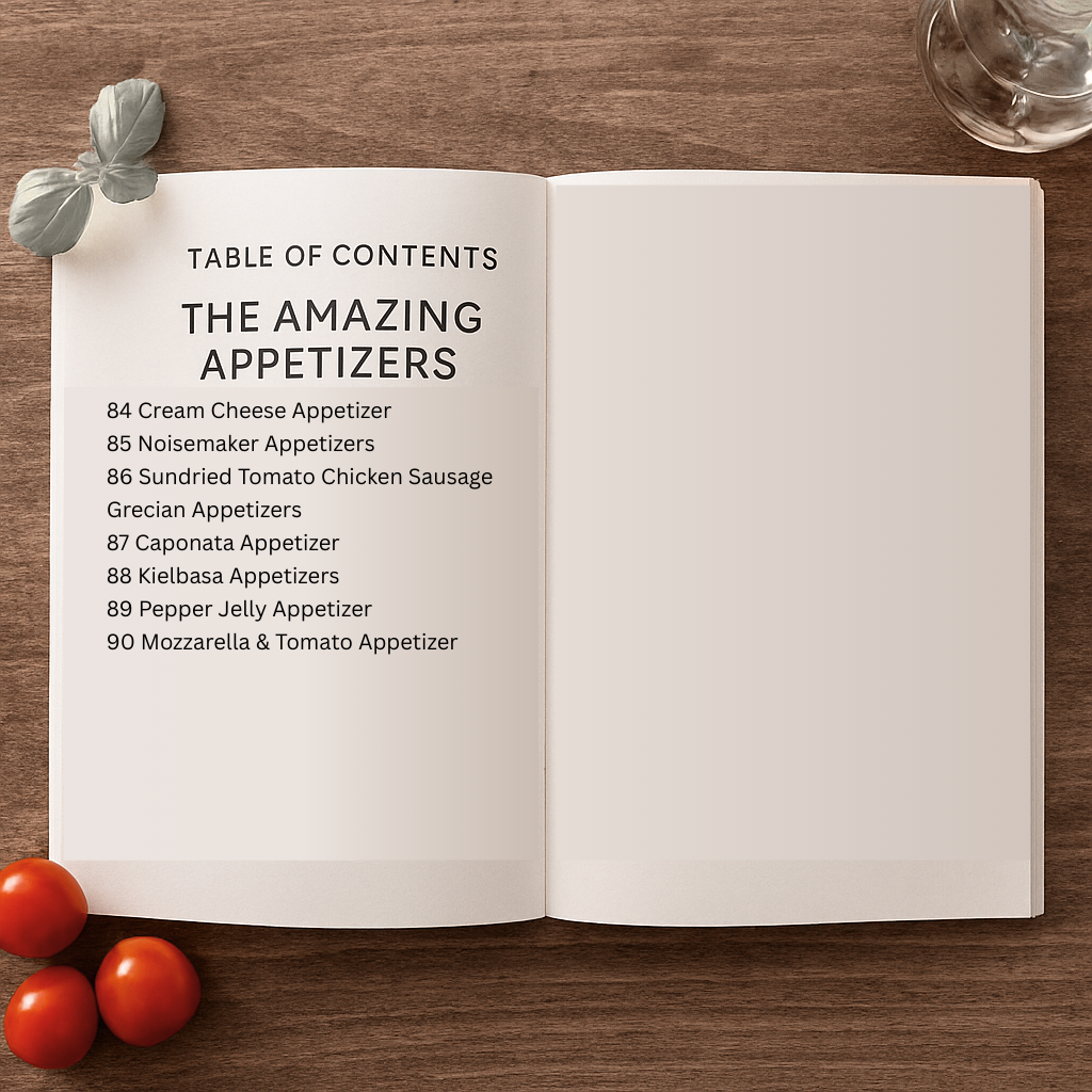 Open book displaying a table of contents for appetizers