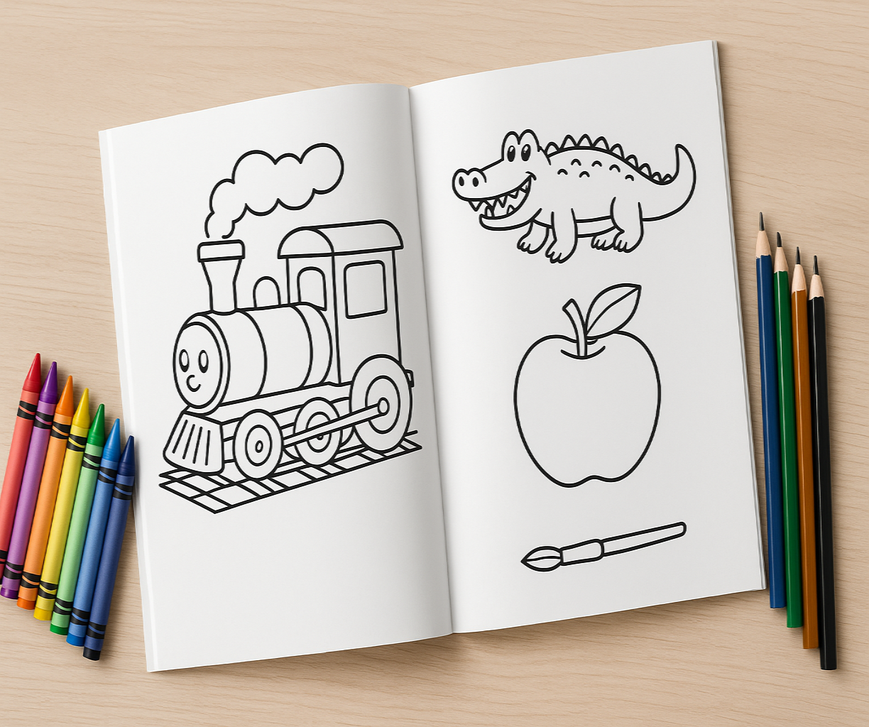 Coloring book open to pages with a train, dinosaur, and apple drawing on a wooden surface with coloring supplies.