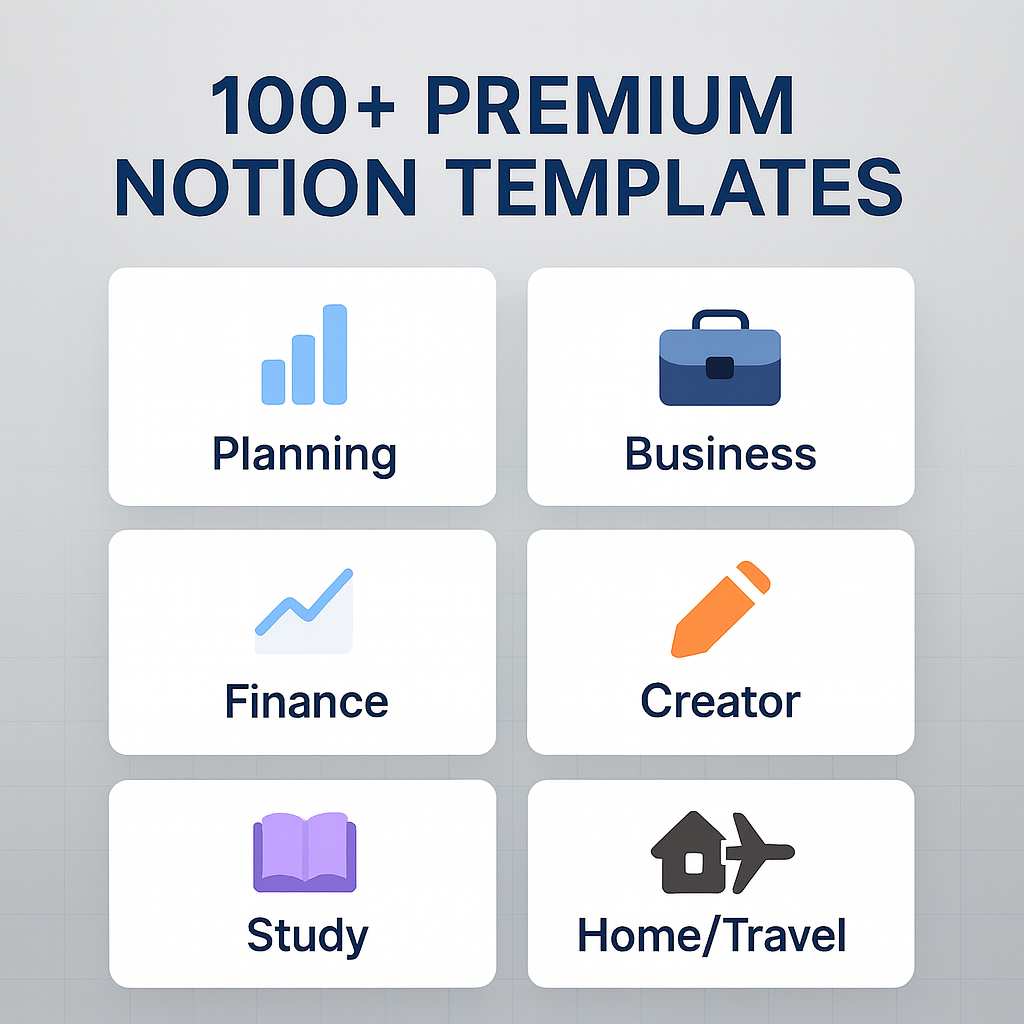 Collection of premium Notion templates with icons and labels on a gray background