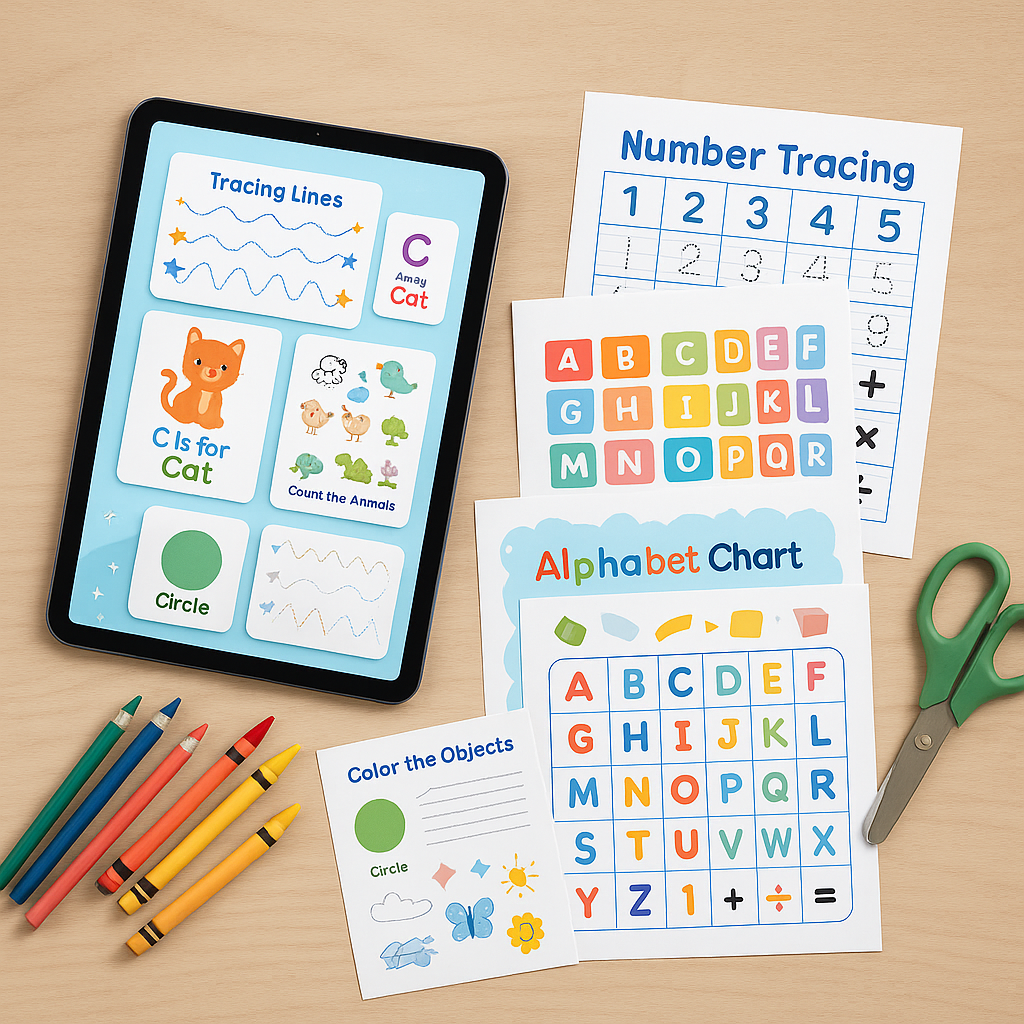 Printable tracing, counting, sorting, alphabet and number worksheets for early learners