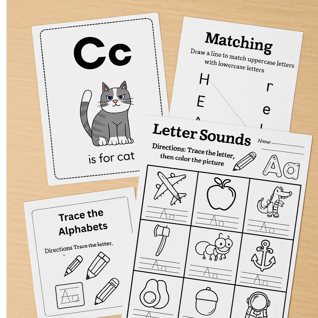Educational children's worksheets on a wooden surface