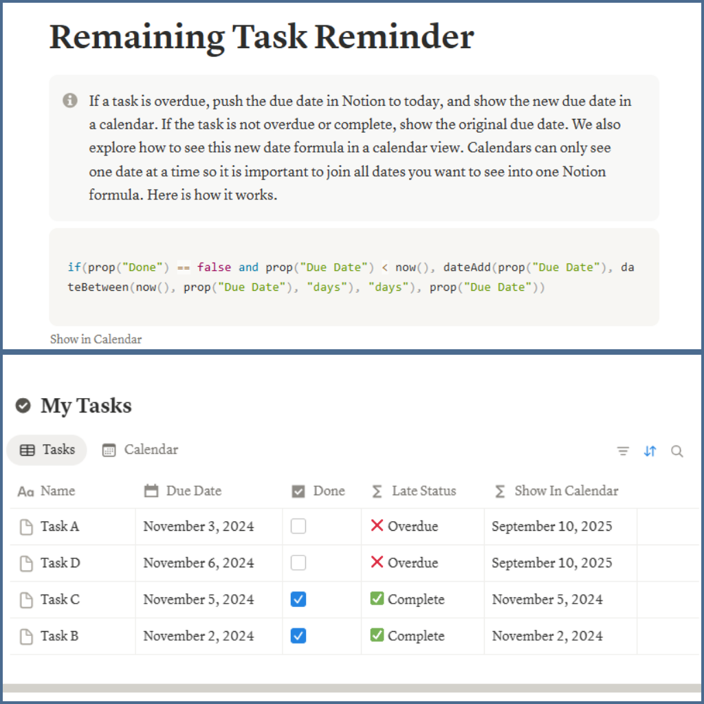 Notion page with 'Remaining Task Reminder' and a list of tasks with due dates and statuses.