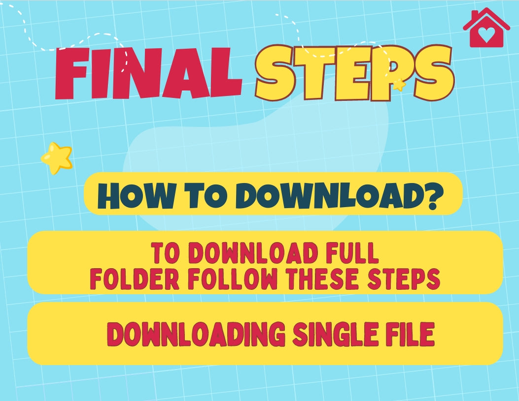 Instructions on how to download a full folder or single file with colorful text on a blue grid background.