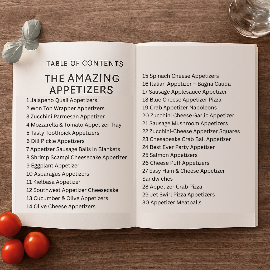 Open book with a table of contents for appetizer recipes on a wooden surface.