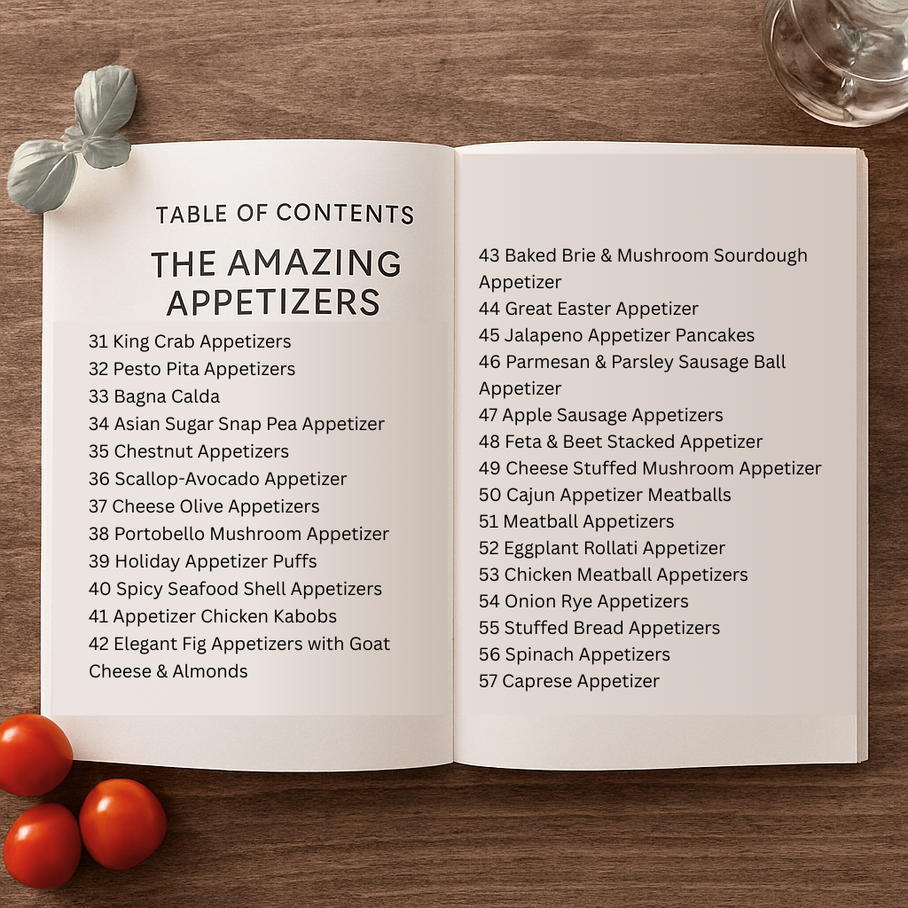 Open book with a table of contents for appetizers on a wooden surface with cherry tomatoes and a glass.