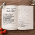 Open book displaying a table of contents for appetizers 