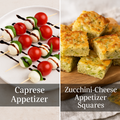Two types of appetizers: Caprese skewers and Zucchini-Cheese Squares, displayed side by side.