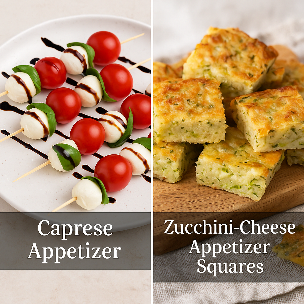 Two types of appetizers: Caprese skewers and Zucchini-Cheese Squares, displayed side by side.