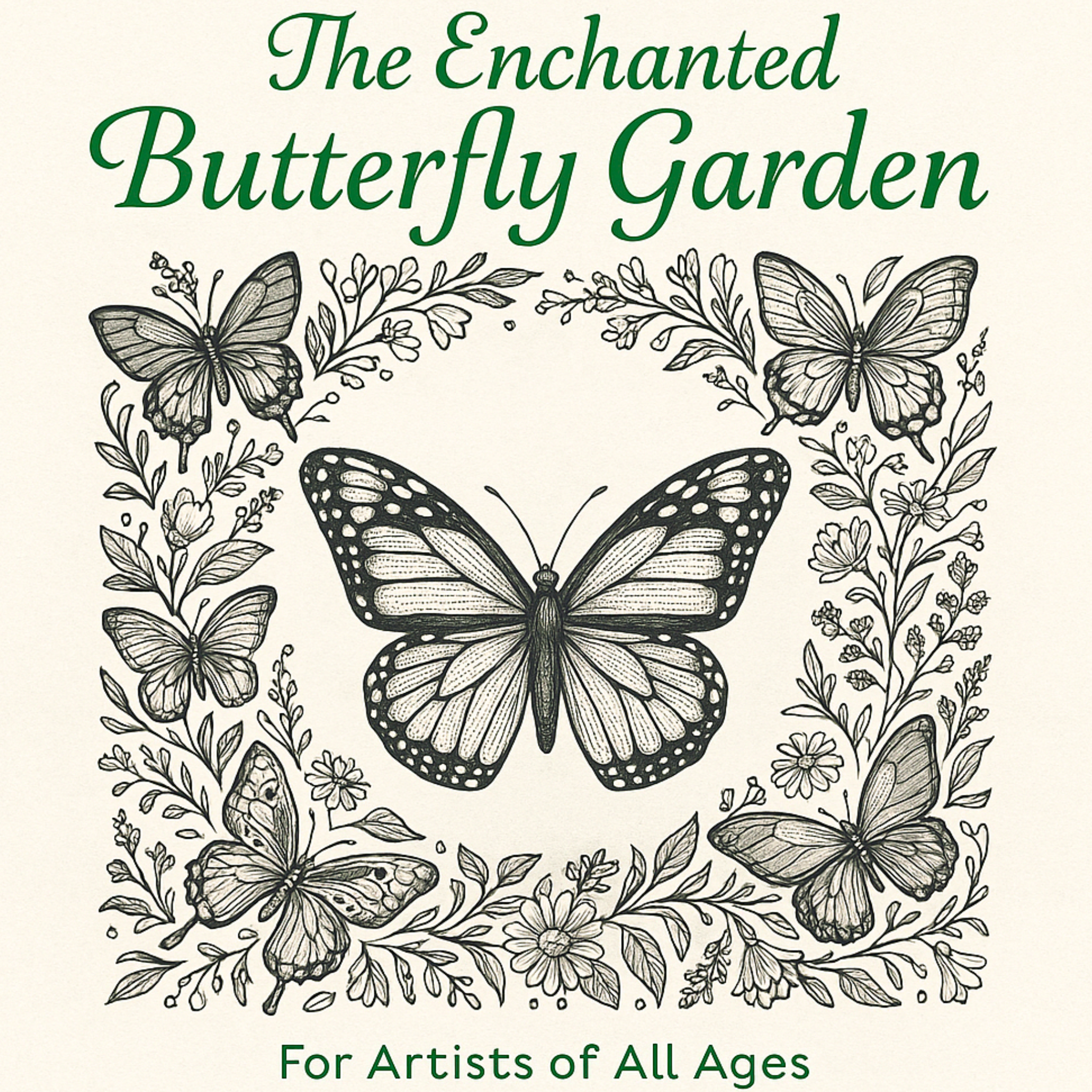 Whimsical butterfly coloring book cover with garden flowers and pastel colors – The Enchanted Butterfly Garden