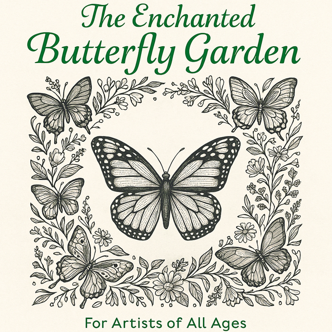 Whimsical butterfly coloring book cover with garden flowers and pastel colors – The Enchanted Butterfly Garden