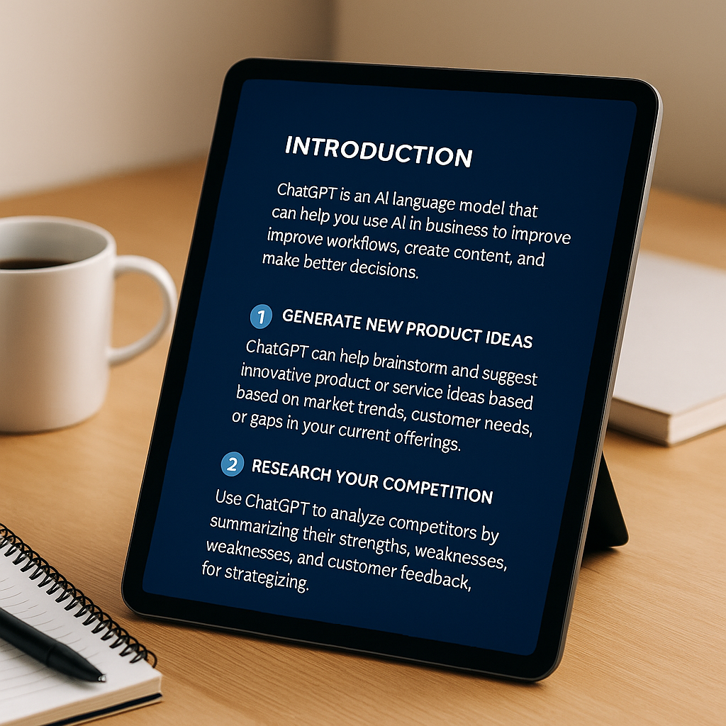 Preview of ChatGPT business prompts including marketing, operations, email, content, SEO, and lead generation use cases