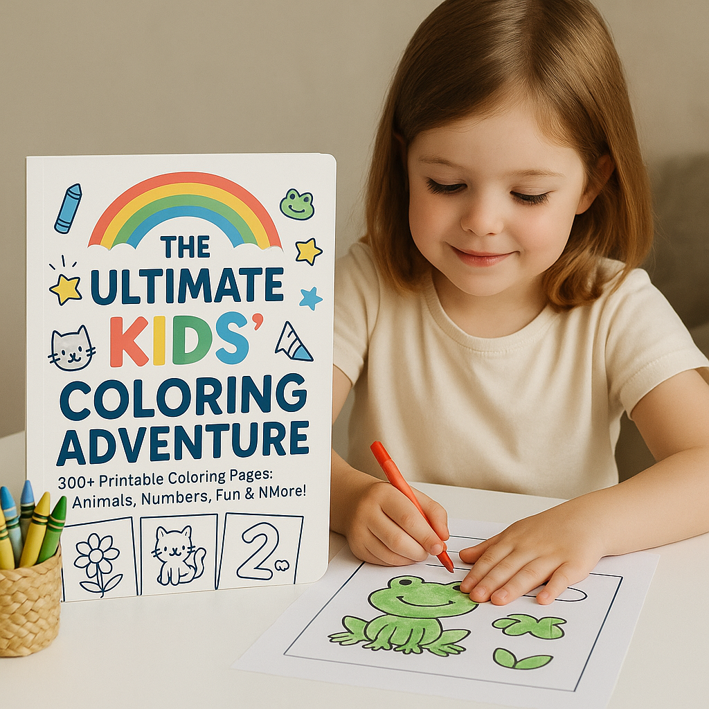 Child coloring a frog with 'The Ultimate Kids' Coloring Adventure' book next to them.