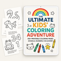 Coloring book with illustrations of animals, numbers, and a rainbow