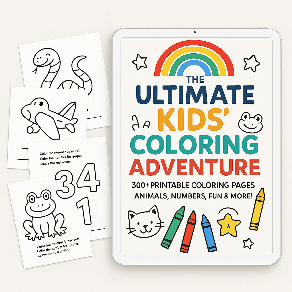 Coloring book with illustrations of animals, numbers, and a rainbow