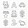 Set of educational coloring pages with a cat, letter 'A', car, star, frog, flower, number '2', and dinosaur.