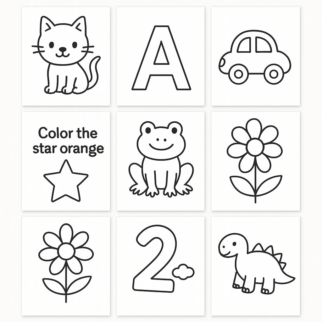 Set of educational coloring pages with a cat, letter 'A', car, star, frog, flower, number '2', and dinosaur.