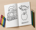 Coloring book open to pages with a train, dinosaur, and apple drawing on a wooden surface with coloring supplies.