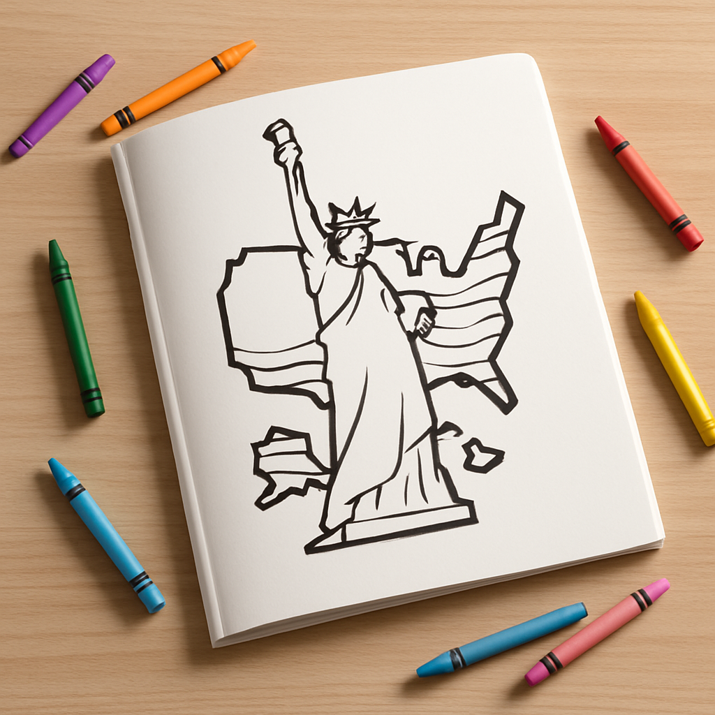 Children's coloring book with a black and white drawing of the Statue of Liberty on a wooden table with crayons around.
