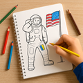 Patriotic Coloring book featuring an American astronaut and an American flag drawing, with colored pencils on a wooden table.