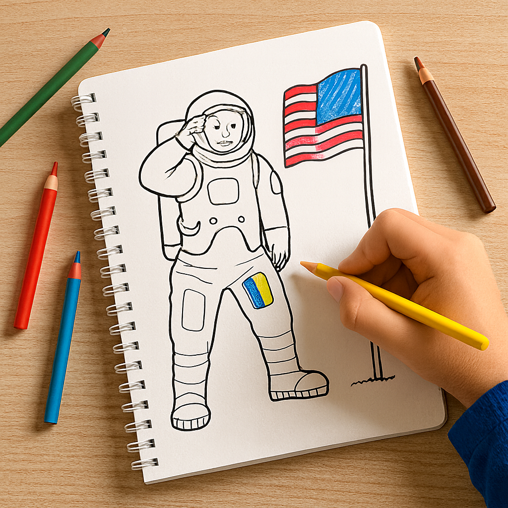 Patriotic Coloring book featuring an American astronaut and an American flag drawing, with colored pencils on a wooden table.