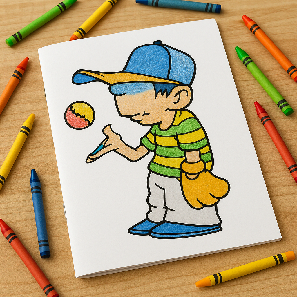 Colorful drawing of a boy with a baseball cap and glove on a wooden surface with crayons around.