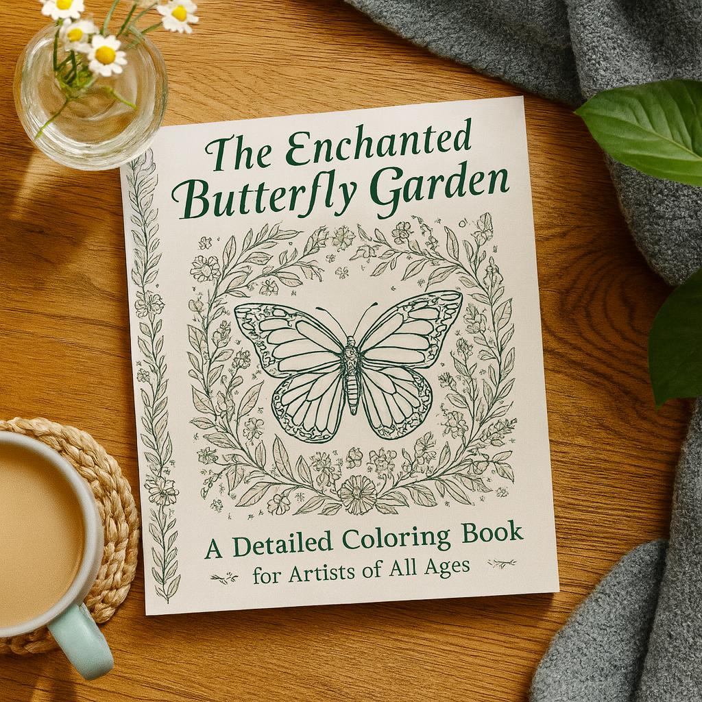 Whimsical butterfly coloring book cover with garden flowers and pastel colors – The Enchanted Butterfly Garden