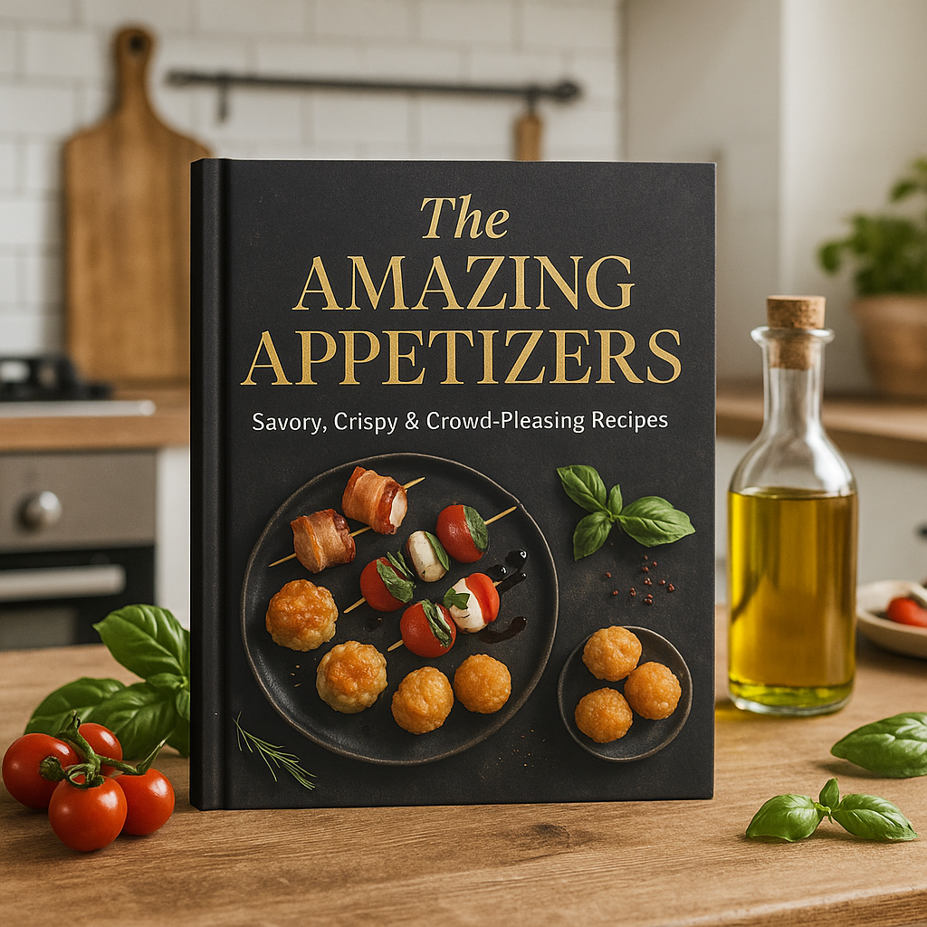 Cookbook titled 'The Amazing Appetizers' on a kitchen counter with ingredients.
