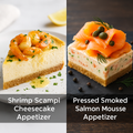 Styled PDF page showing Shrimp Scampi Cheesecake Appetizer and Pressed Smoked Salmon Mousse Appetizer instructions and ingredient photos for healthy snacks