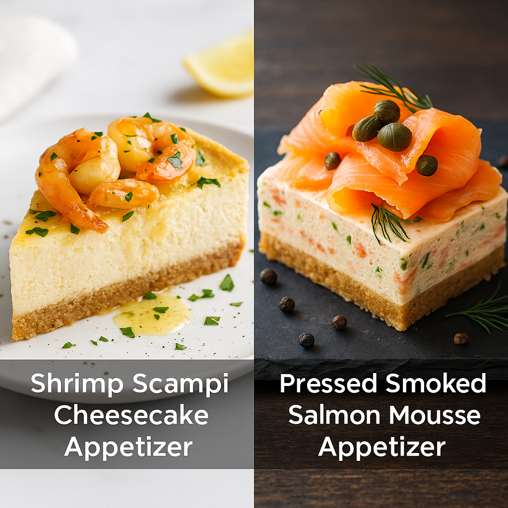 Styled PDF page showing Shrimp Scampi Cheesecake Appetizer and Pressed Smoked Salmon Mousse Appetizer instructions and ingredient photos for healthy snacks