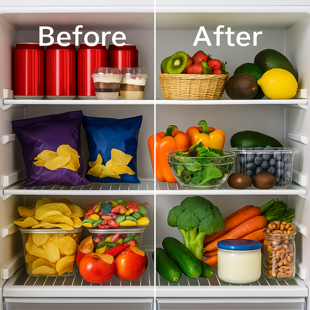 Comparison of a refrigerator before and after cleaning, showing organized produce and snacks.