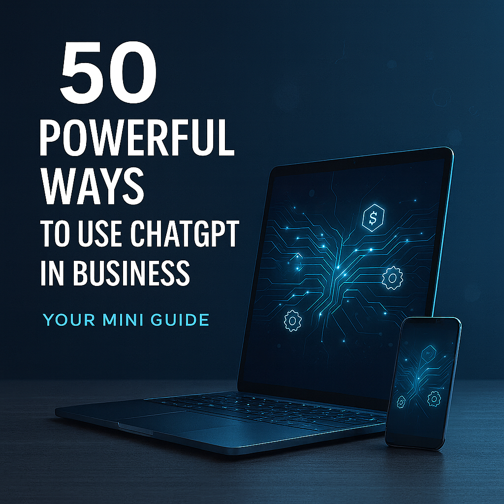 Digital guidebook cover for 50 Ways to Use ChatGPT in Business – featuring modern layout and AI branding