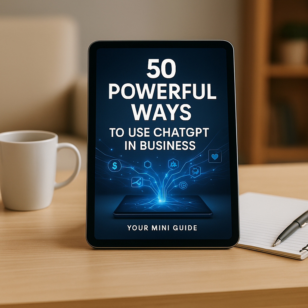 Tablet displaying '50 Powerful Ways to Use ChatGPT in Business' on a desk with a cup and notebook.