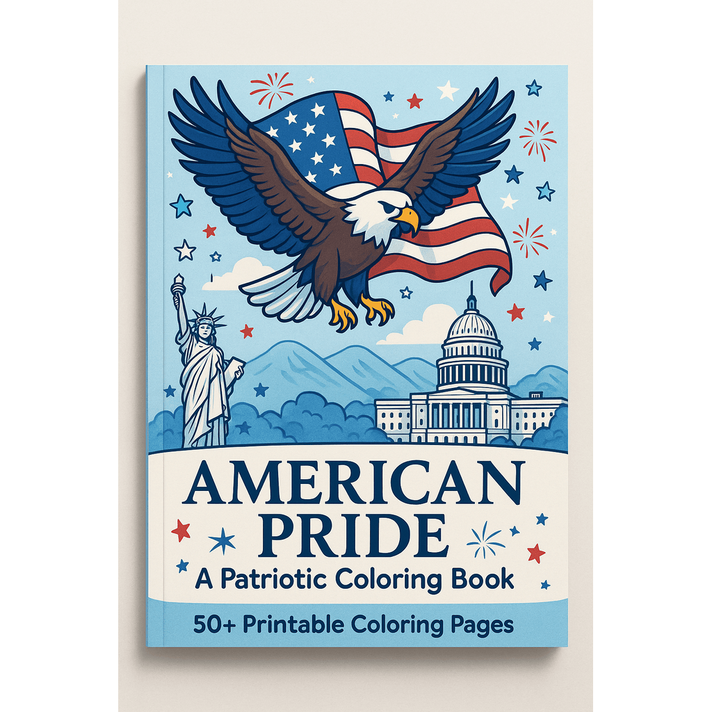 Patriotic coloring book cover with American flag and bald eagle illustration – American Pride by Distar