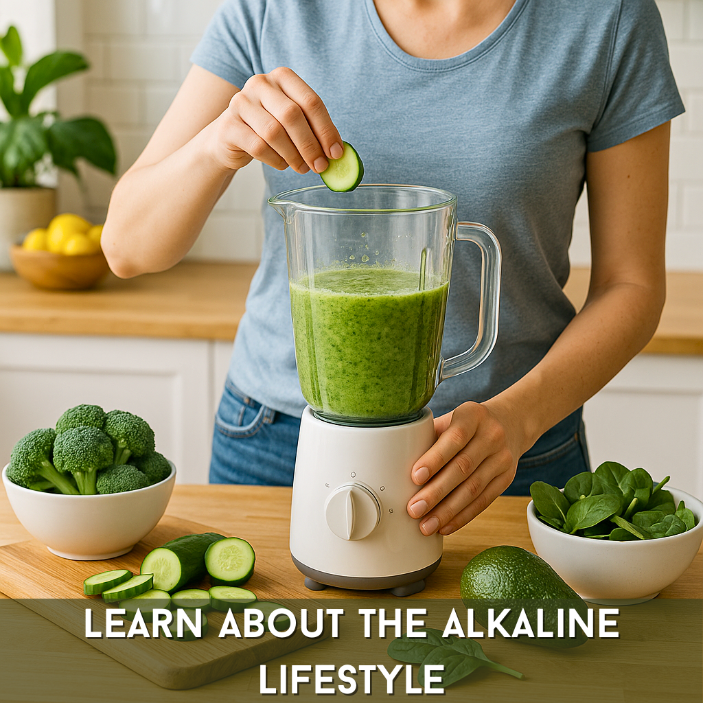 Person preparing a green smoothie with ingredients on a kitchen counter, with text about the alkaline lifestyle.