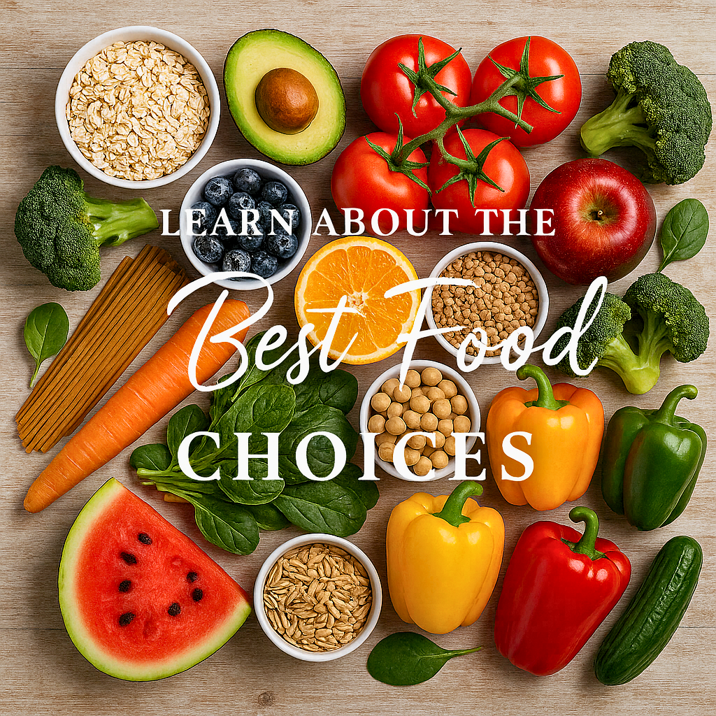 Assorted fruits, vegetables, and grains on a wooden surface with text 'Learn About the Best Food Choices'.