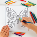 Coloring book with a butterfly design and coloring supplies on a white surface