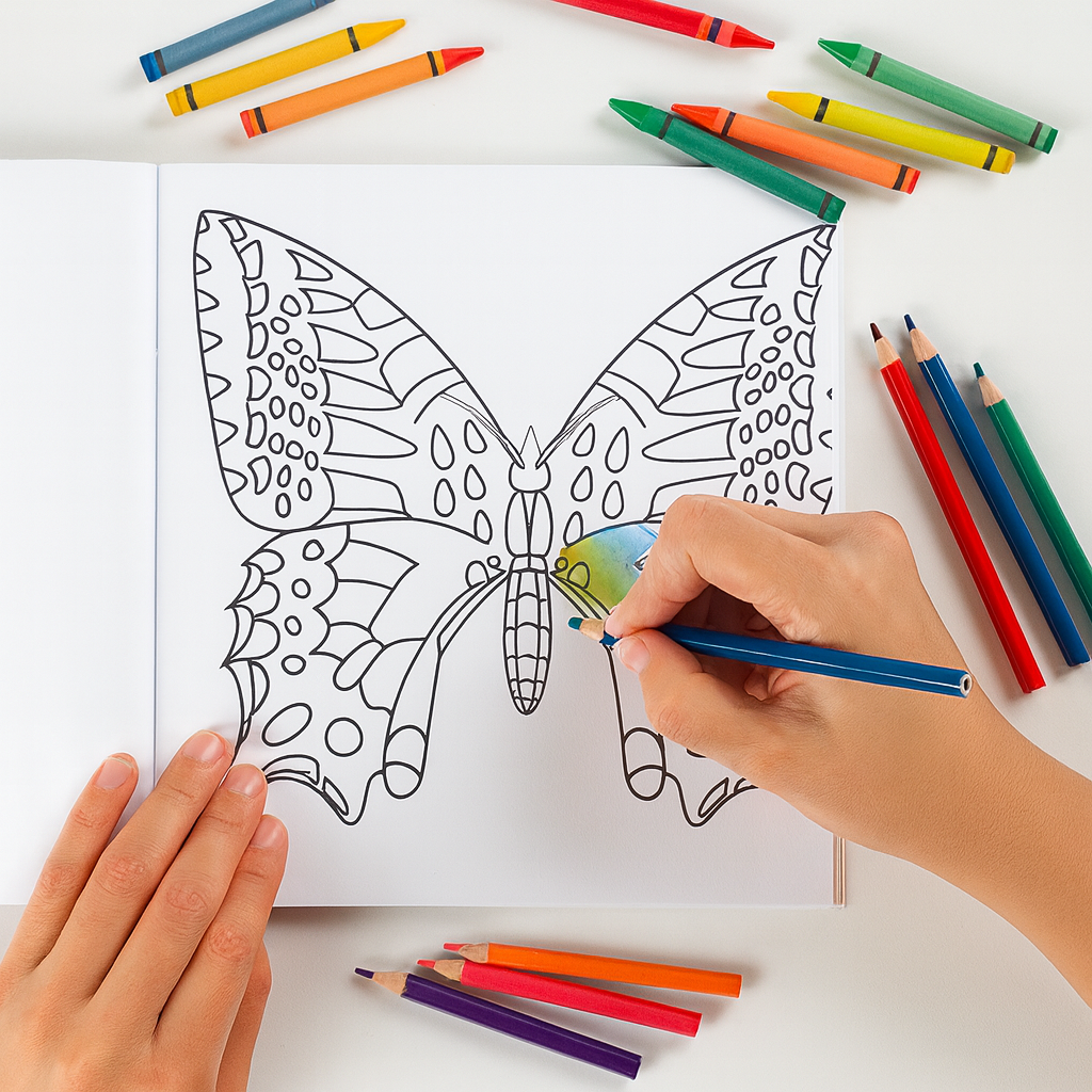 Coloring book with a butterfly design and coloring supplies on a white surface